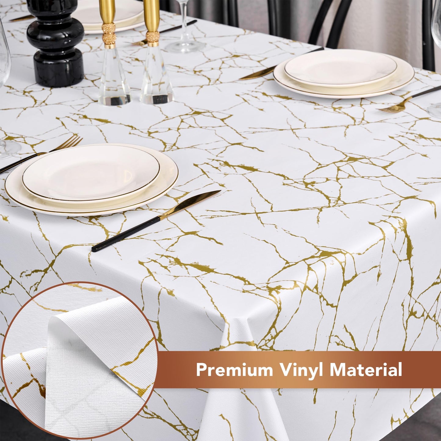 sancua 100% Waterproof Vinyl Tablecloth 54x78 Inch, Rectangle PVC Table Cloth for Picnic, Oil-Resistant Spill-Proof Wipeable Table Cover for Dining, Kitchen, Parties, Indoor and Outdoor, White Marble