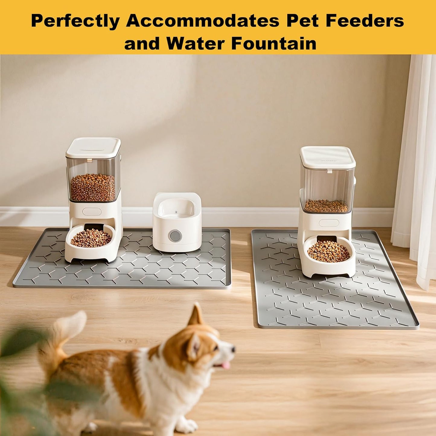 Pieviev Dog & Cat Food Bowl Mat - Waterproof Silicone, Non-Slip Design, 24''x16'', Light Gray