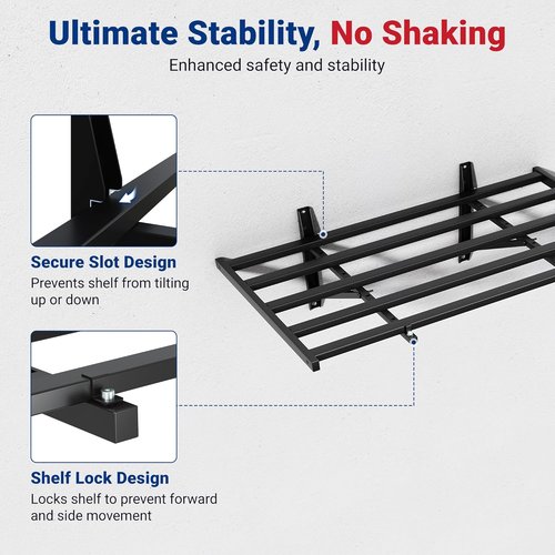 FLEXIMOUNTS Heavy-Duty Garage Wall Shelving - 2x4ft Wall-Mounted Storage with 8 Hooks, 400lbs Capacity