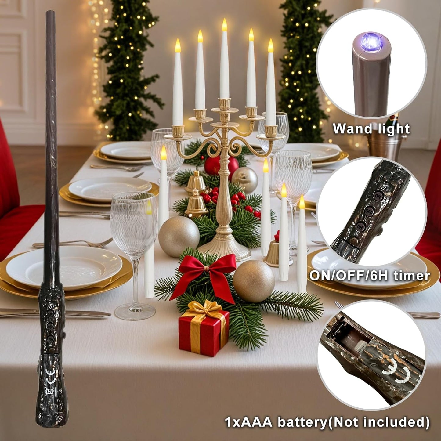 Flameless Christmas Tree Candles - 12 Pack LED Flickering Battery Operated Decor with Magic Wand & Snowflake Design