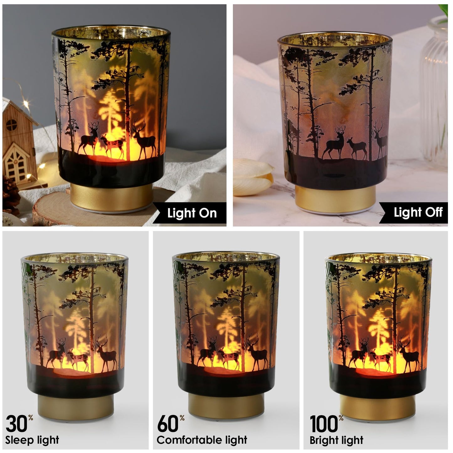 Eywamage Large Battery Operated Table Lamp with Remote, Forest Deer Accent Lamp, Cordless Glass Lamp for Bedroom Living Room