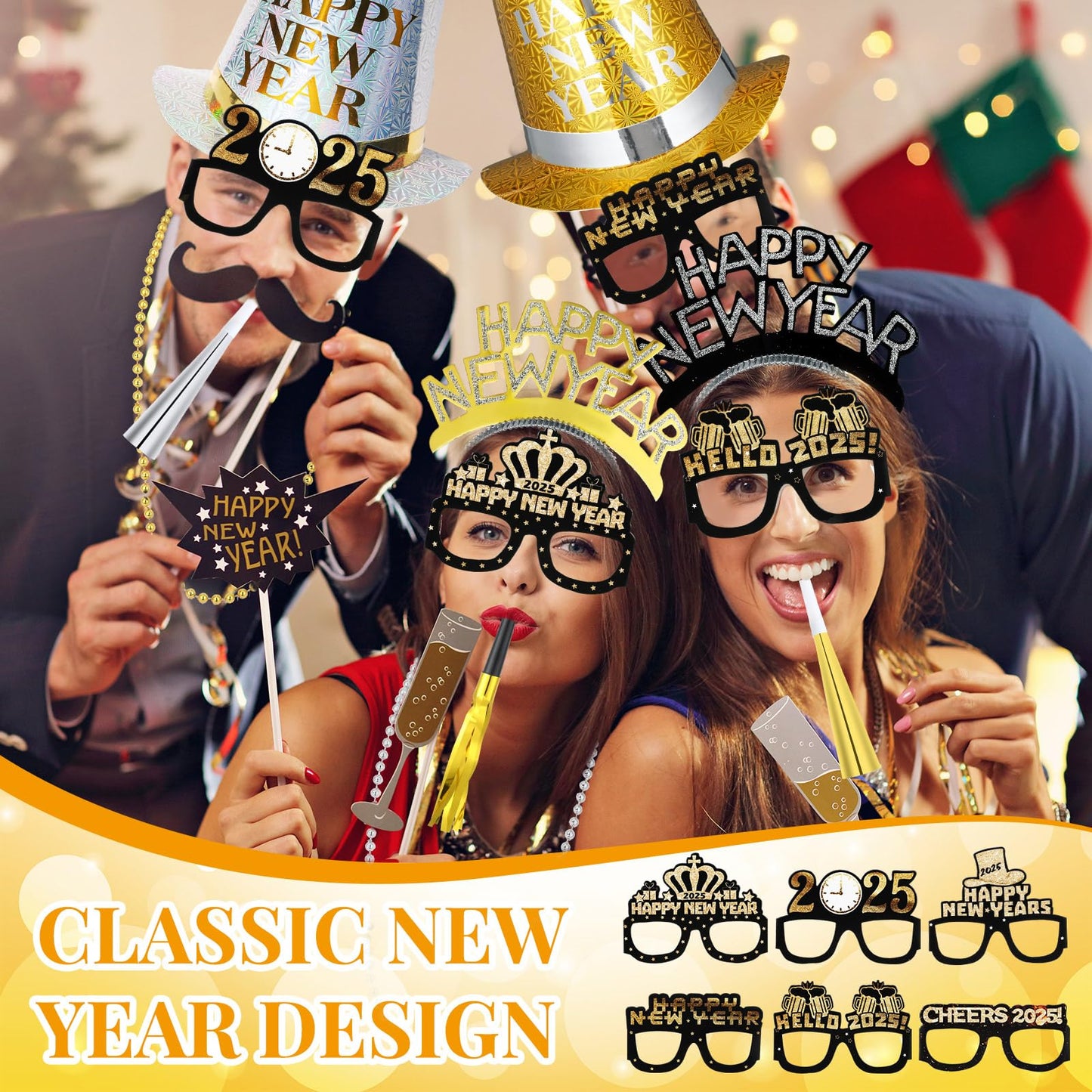 ShinyMatch 39 Pcs New Years Eve Party Supplies 2025 New Year Decorations 12 Noise Makers 3 Black Silver Gold Party Hats 6 Tiaras 6 Necklaces 6 New Year Glasses 6 Horns for New Year Favors(Eve Hat)