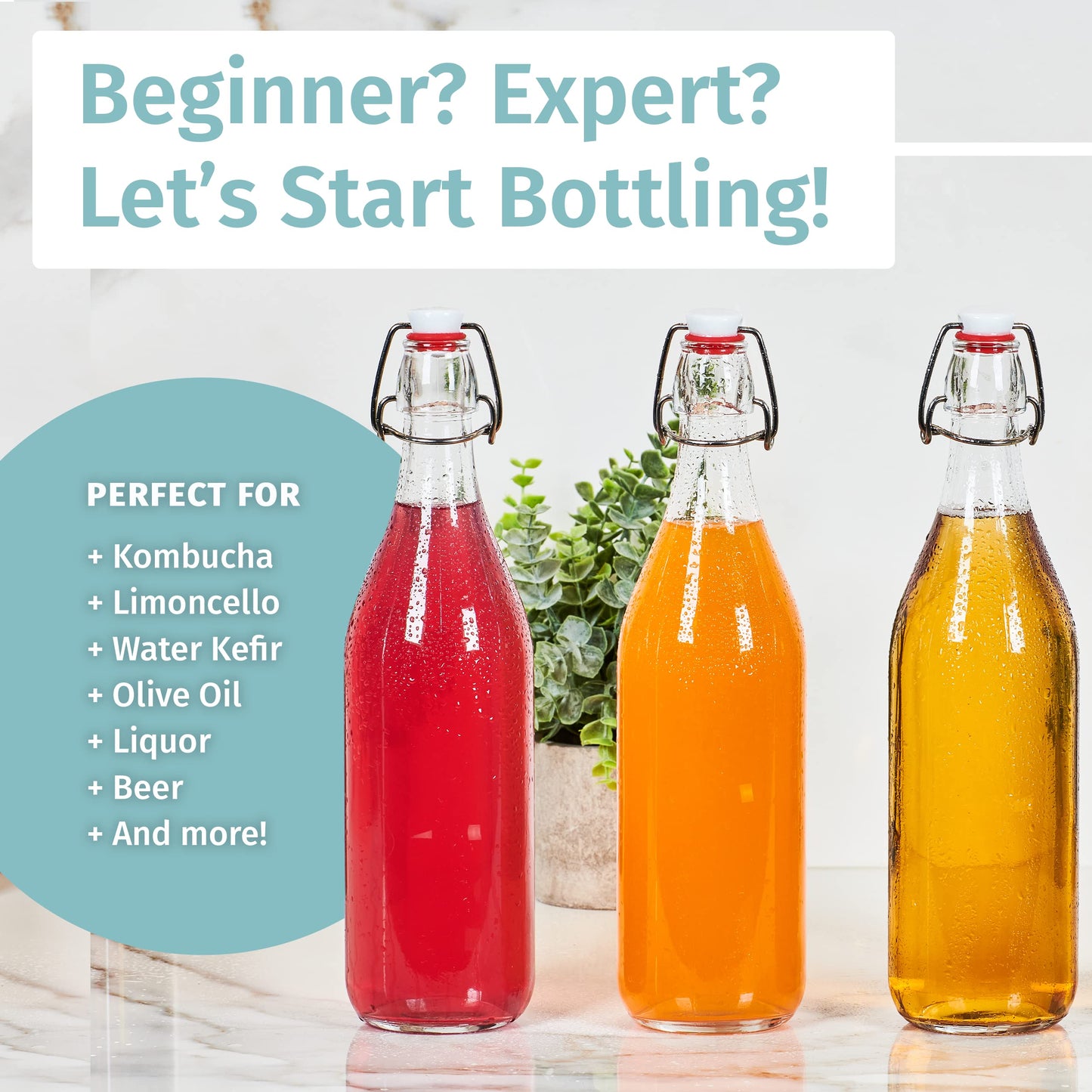 Otis Swing Top Glass Bottles with Ceramic Caps - 1 Liter, 4 Pack - Clear Glass Bottle for Kombucha Fermenting, Beer Brewing, Juicing, Wine, Milk or Eggnog
