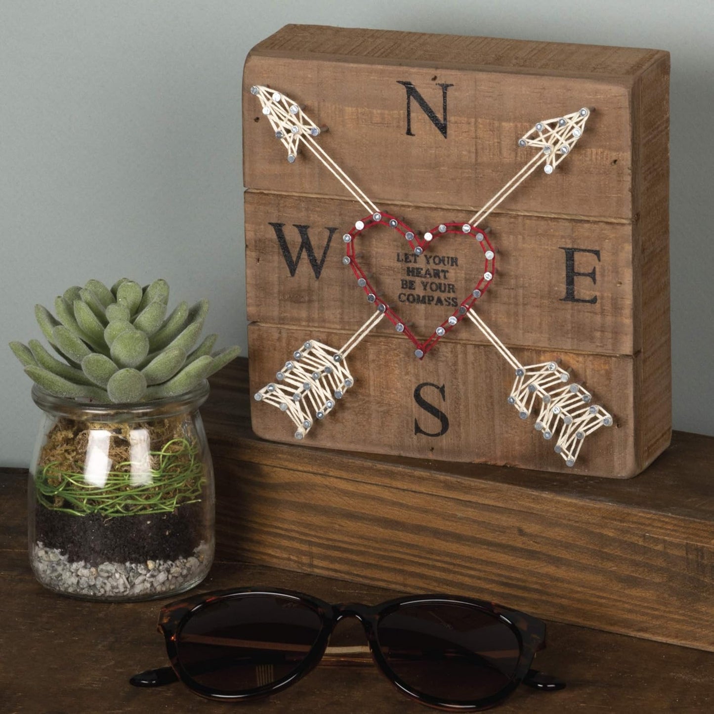 Family Tied Together Distressed Wood Sign - Hand-Strung Heart Wall Art & Desk Decor