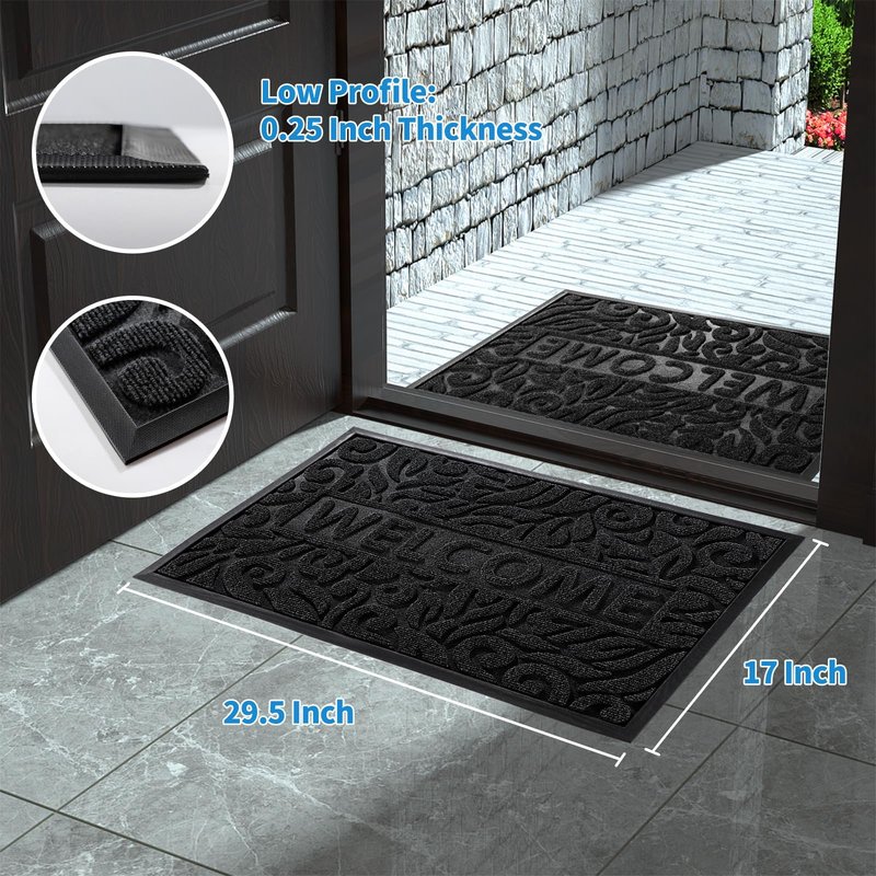 Yimobra Welcome Mat Outdoor 29.5x17, Waterproof Non-Slip Outdoor Mats for Front Door Outside Entrance, Low-Profile Entryway Mat Indoor for Garage Patio, Black