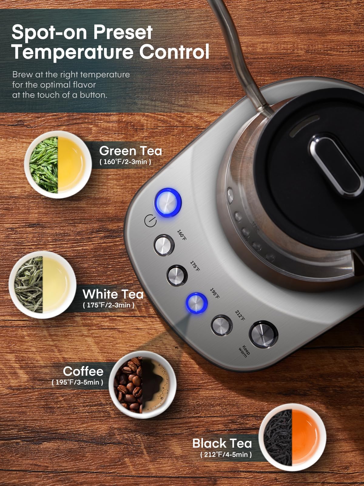 Aiheal Gooseneck Electric Kettle, Glass Electric Tea Kettle with 4 Temperature Control Presets and Keep Warm Function, Pour Over Kettle for Coffee and Tea, Hot Water Boiler, Quick Heating, 1200W/0.8L