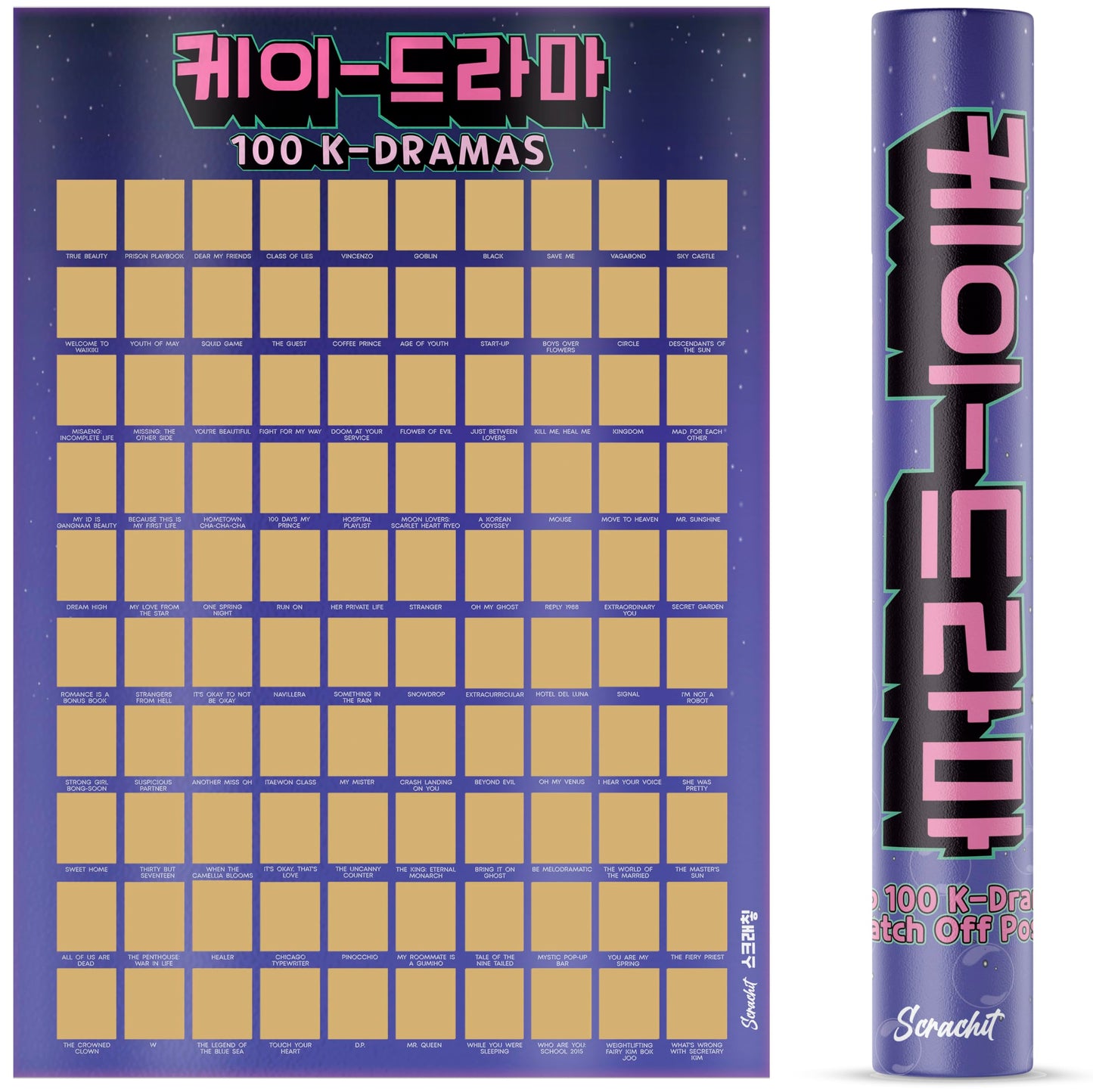 scrachit Top 100 Korean Drama Scratch Off Poster of All Time - K Drama Challenge Bucketlist - Perfect Korean Gifts for Kpop Lovers - 23" x 17"