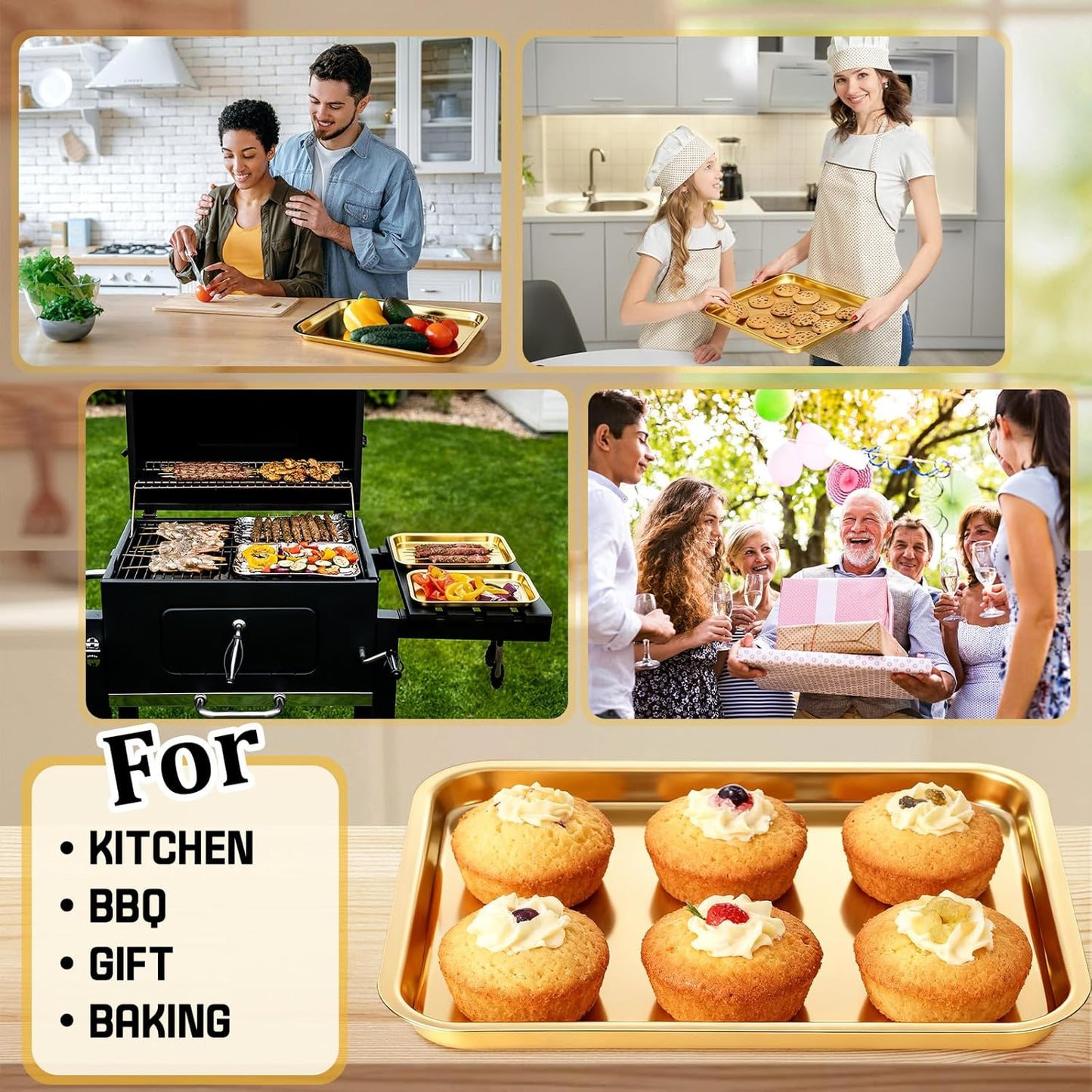 Skiennix Gold Baking Sheets - 6 Pcs Stainless Steel Cookie Tray | Rust-Free, Easy Clean, Dishwasher Safe