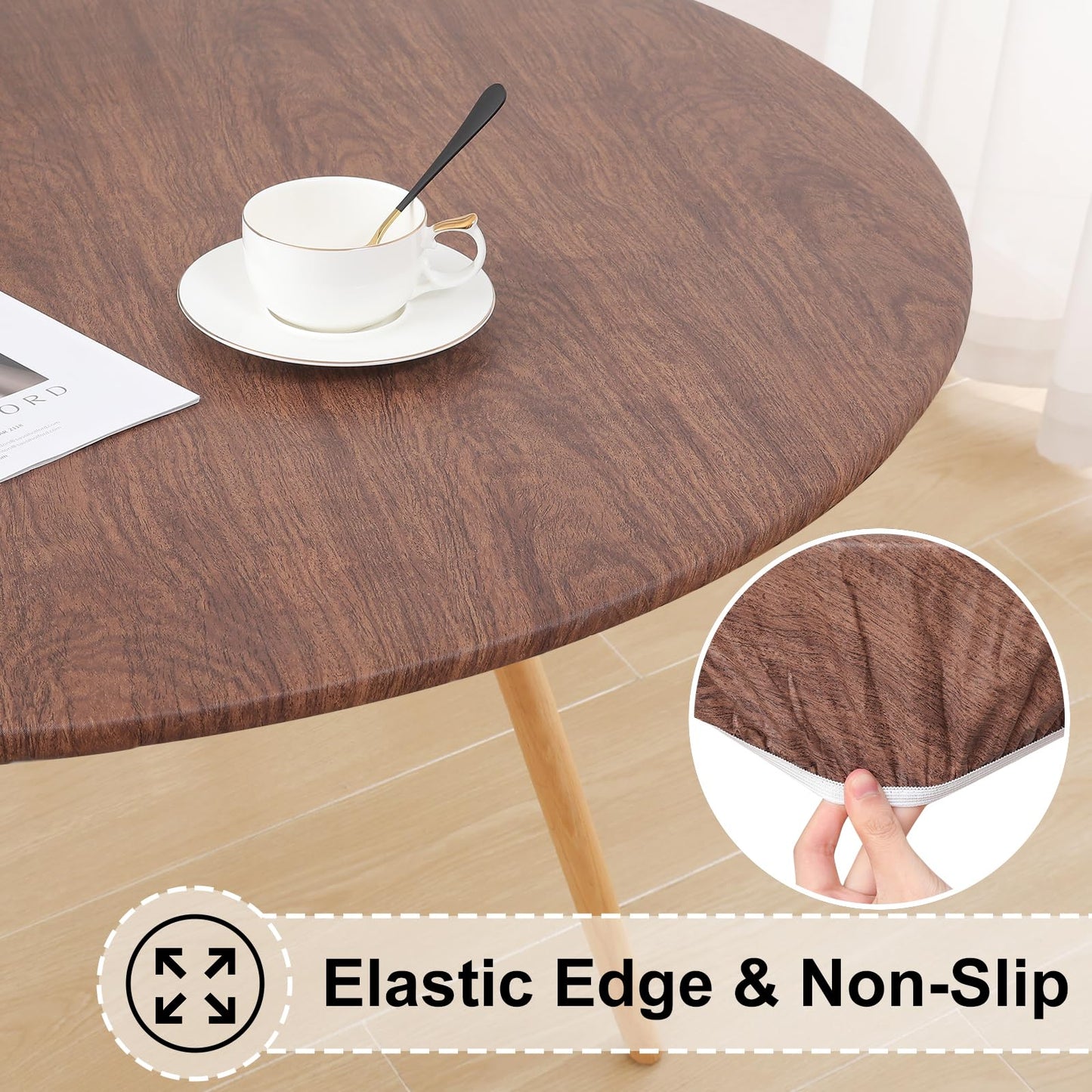 misaya Round Fitted Tablecloth with Elastic Edge, 100% Waterproof Oil Proof Plastic Table Cover, Vinyl Flannel Backed Tablecloth Fits 36"-44" Round Tables for Dinner, Outdoor, Picnic, Oak Wooden Grain