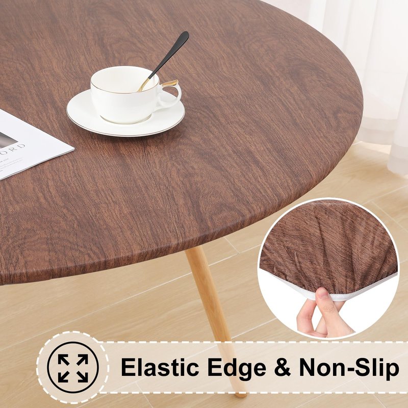 misaya Round Fitted Tablecloth with Elastic Edge, 100% Waterproof Oil Proof Plastic Table Cover, Vinyl Flannel Backed Tablecloth Fits 36"-44" Round Tables for Dinner, Outdoor, Picnic, Oak Wooden Grain