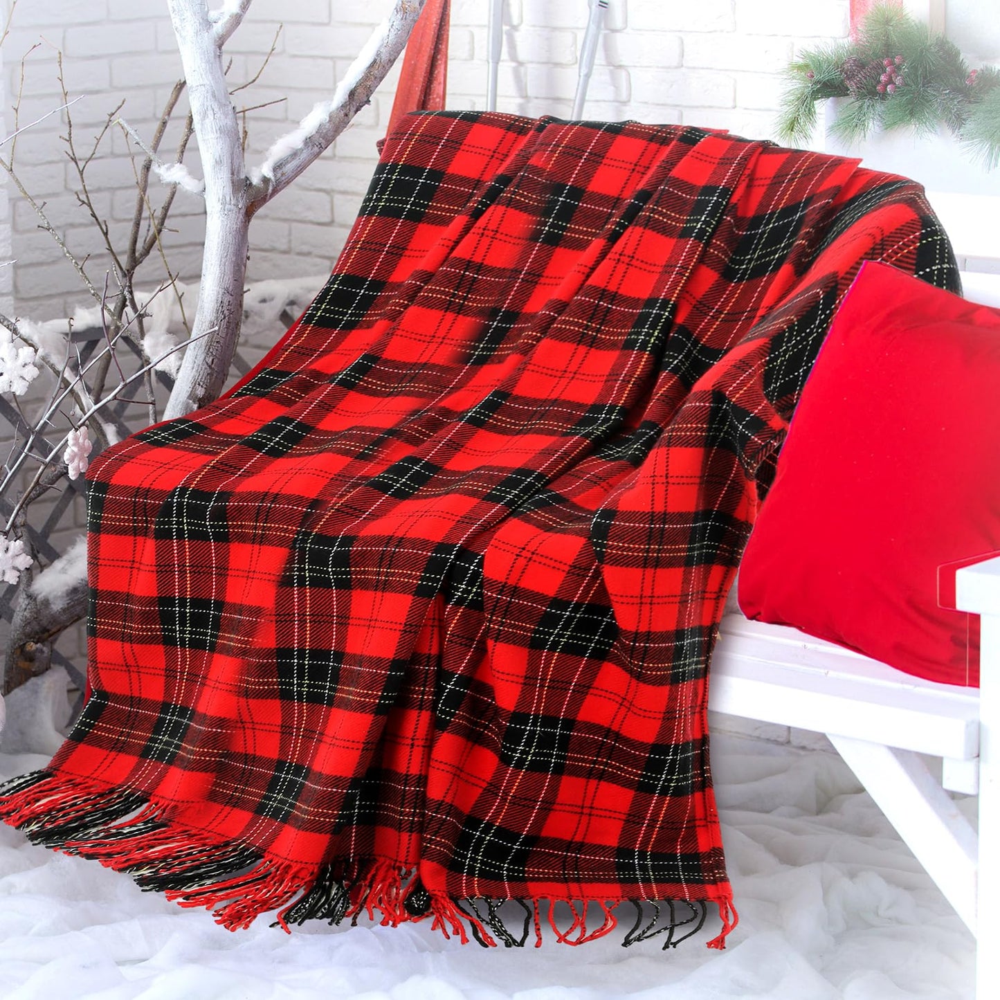 Peryiter 6 Pcs Christmas Red Plaid Throw Blanket Bulk with Tassel 50 x 67 Soft Warm Tartan Chenille Throw Fringe Blankets for Bed Couch Sofa Home Office Xmas Decor Gifts Travel Camping for All Season