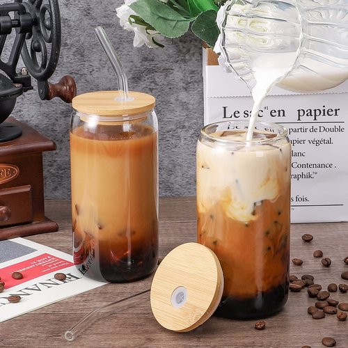 CWHHRN Glass Cups with Lids and Straws, 16oz Drinking Glasses, Iced Coffee Cups, Glass Tumbler with Lid, Great for Soda Boba Tea Cocktai (1 PACK)