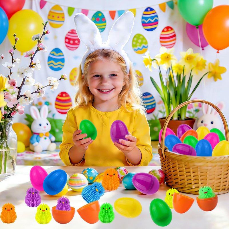 NAWITDA 18 Pack Easter Eggs Fillers with LED Chick Puffer Balls, Easter Eggs Filled with Light Up Fidget Stress Toys Squeeze Balls Glow In The Dark Easter Basket Stuffers for Easter Hunt Party Favors