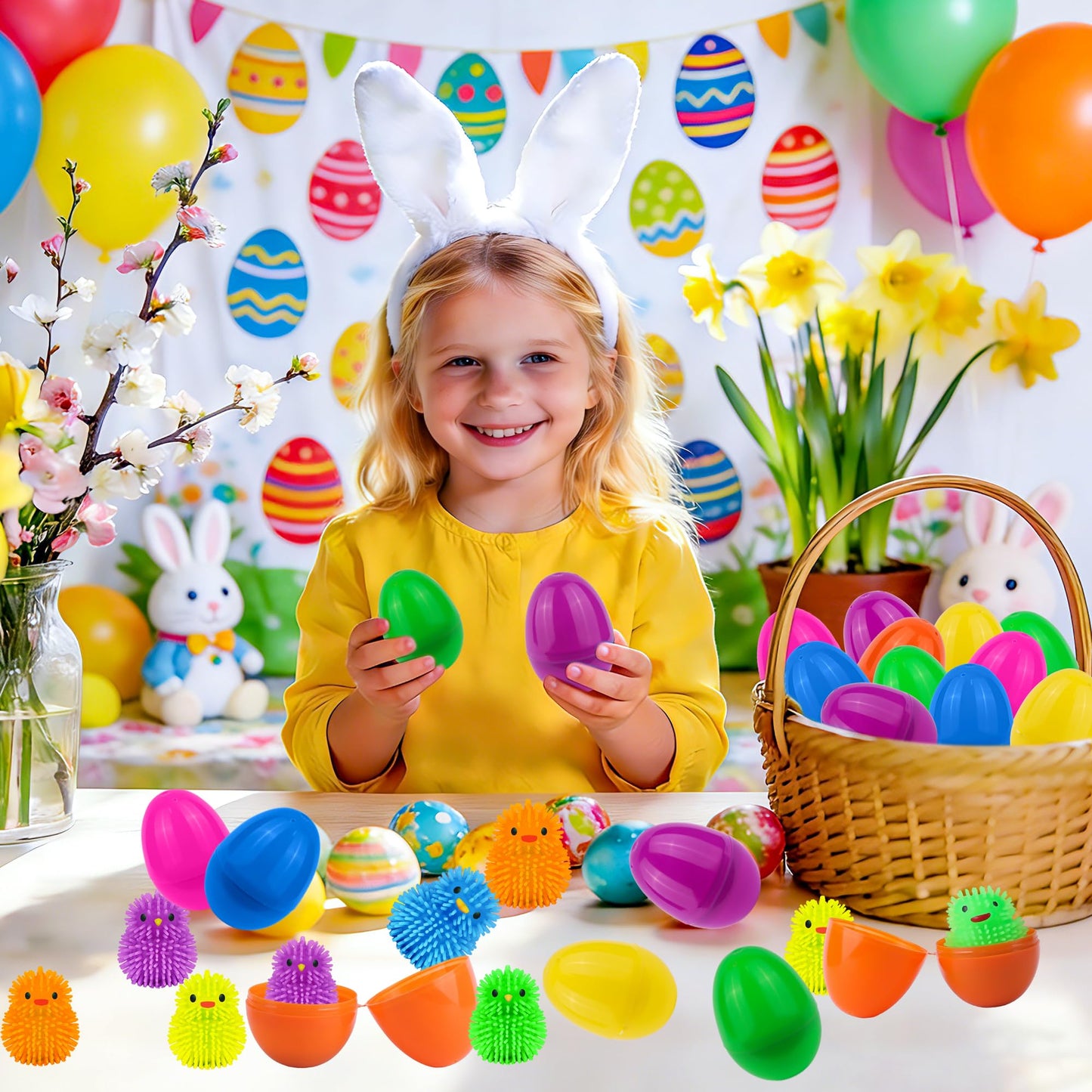 NAWITDA 18 Pack Easter Eggs Fillers with LED Chick Puffer Balls, Easter Eggs Filled with Light Up Fidget Stress Toys Squeeze Balls Glow In The Dark Easter Basket Stuffers for Easter Hunt Party Favors