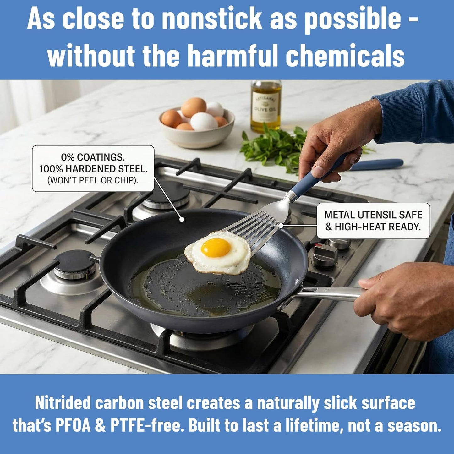 Misen Carbon Nonstick™ Skillet - High Heat Ready Nitrided Carbon Steel - 8 Inch Induction & Oven Safe