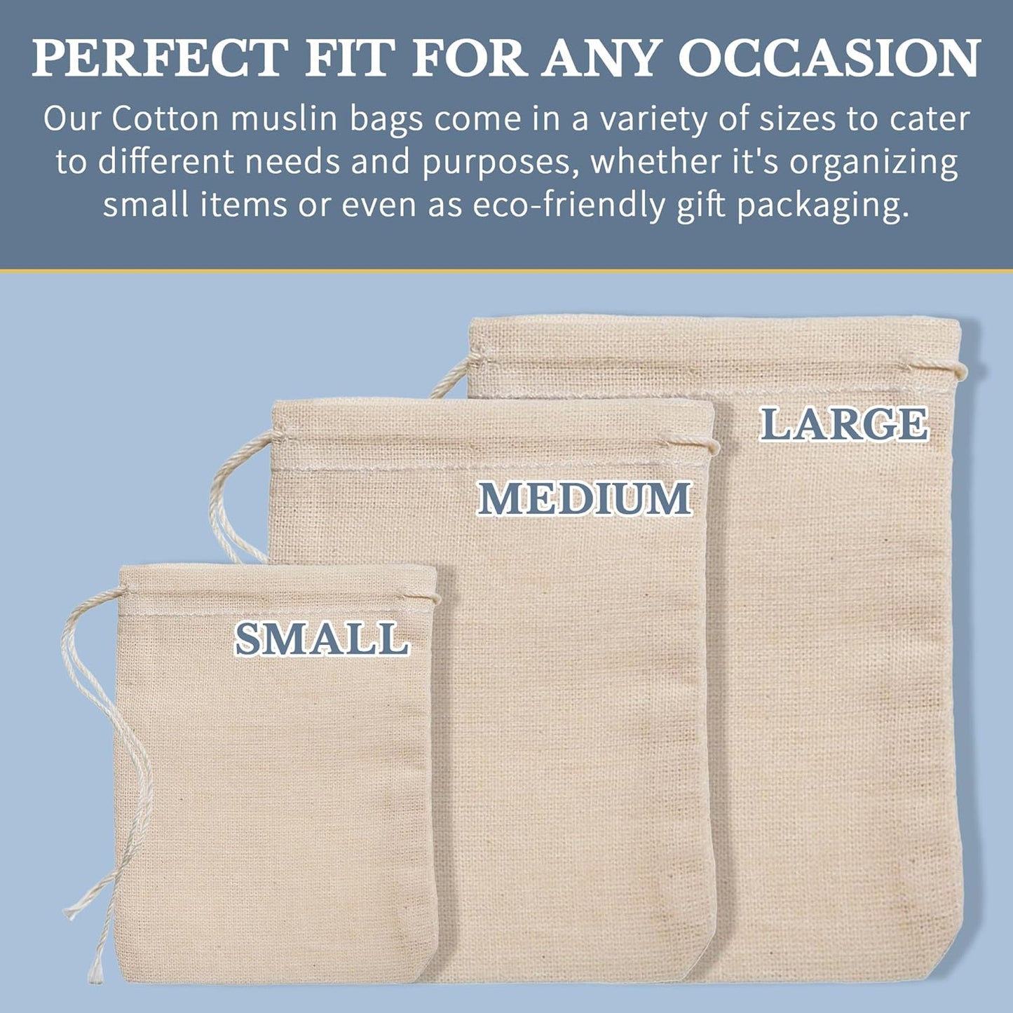 Celestial Gifts Muslin Bags 100pcs 5x7, 100% Cotton Drawstring Bags for Party Favors, Parts, Cowboy Coffe and More - Made in USA (Natural Hem & Drawstring)