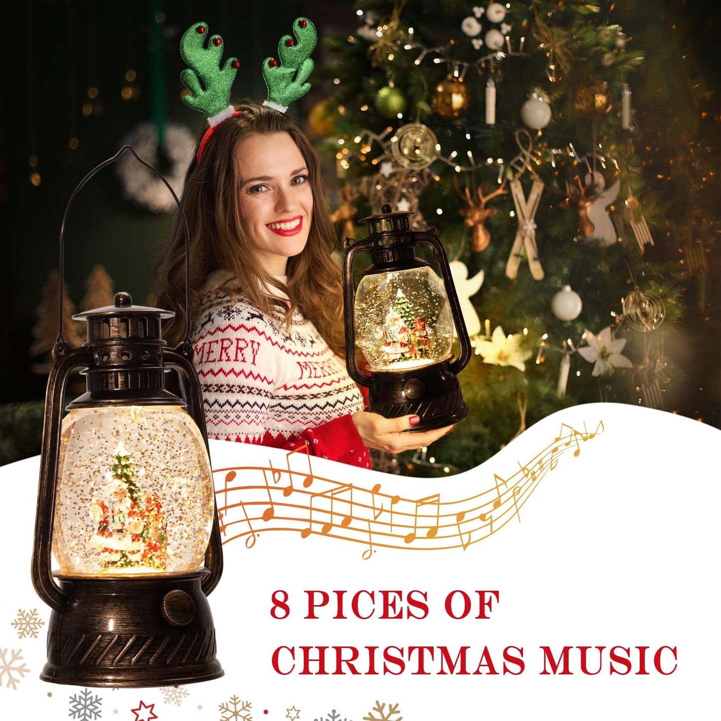 Christmas Lanterns,Christmas Snow Globes Lighted,Rotating Sparkling Christmas Lanterns with 8 Christmas Music,Christmas Fine Gifts,Christmas Holiday Party Gifts and Decorations
