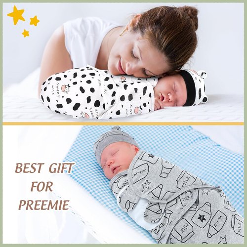 Buryeah Preemie Swaddle Blanket Wrap Set - 4 Pack with Hat for Baby Boys & Girls (3-7 Lbs)
