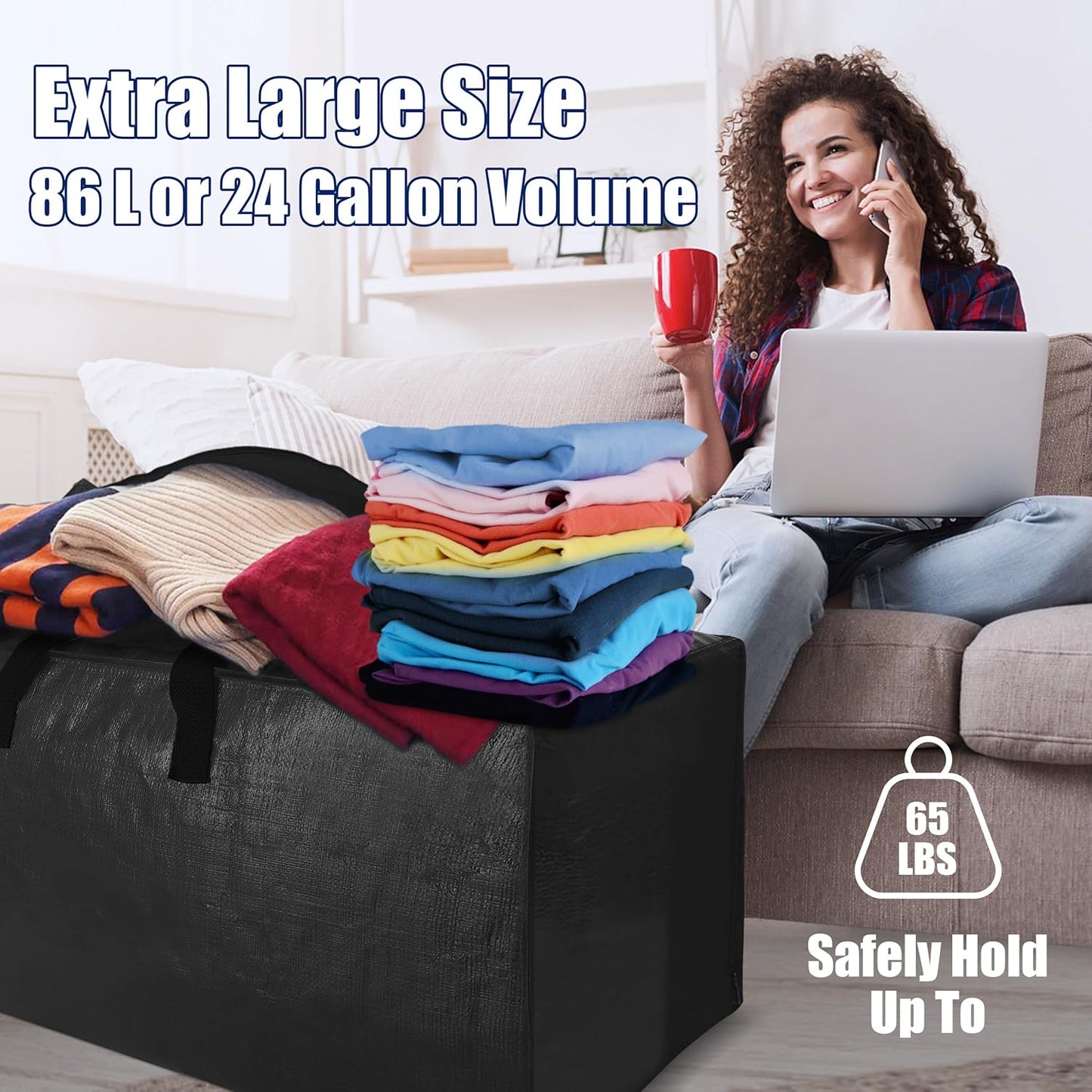 Sweet Dolphin Extra Large Moving Bags - Heavy Duty Storage Totes with Strong Zippers & Handles | Black, 6 Pack