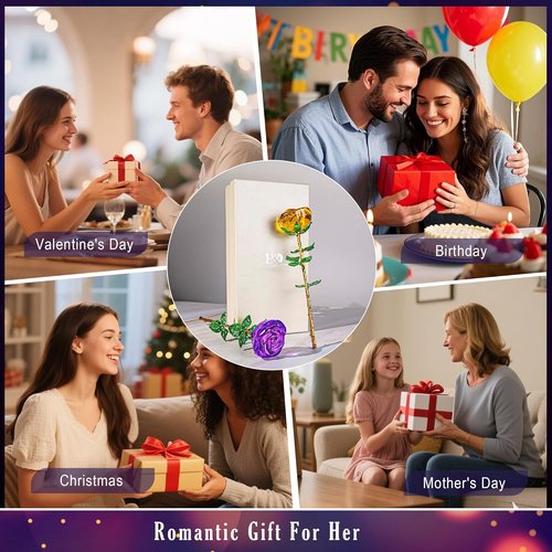 HDCRYSTALGIFTS Crystal Rose Flower Figurines - 9.5'' Purple & Yellow Glass Flowers | Romantic Gifts for Her