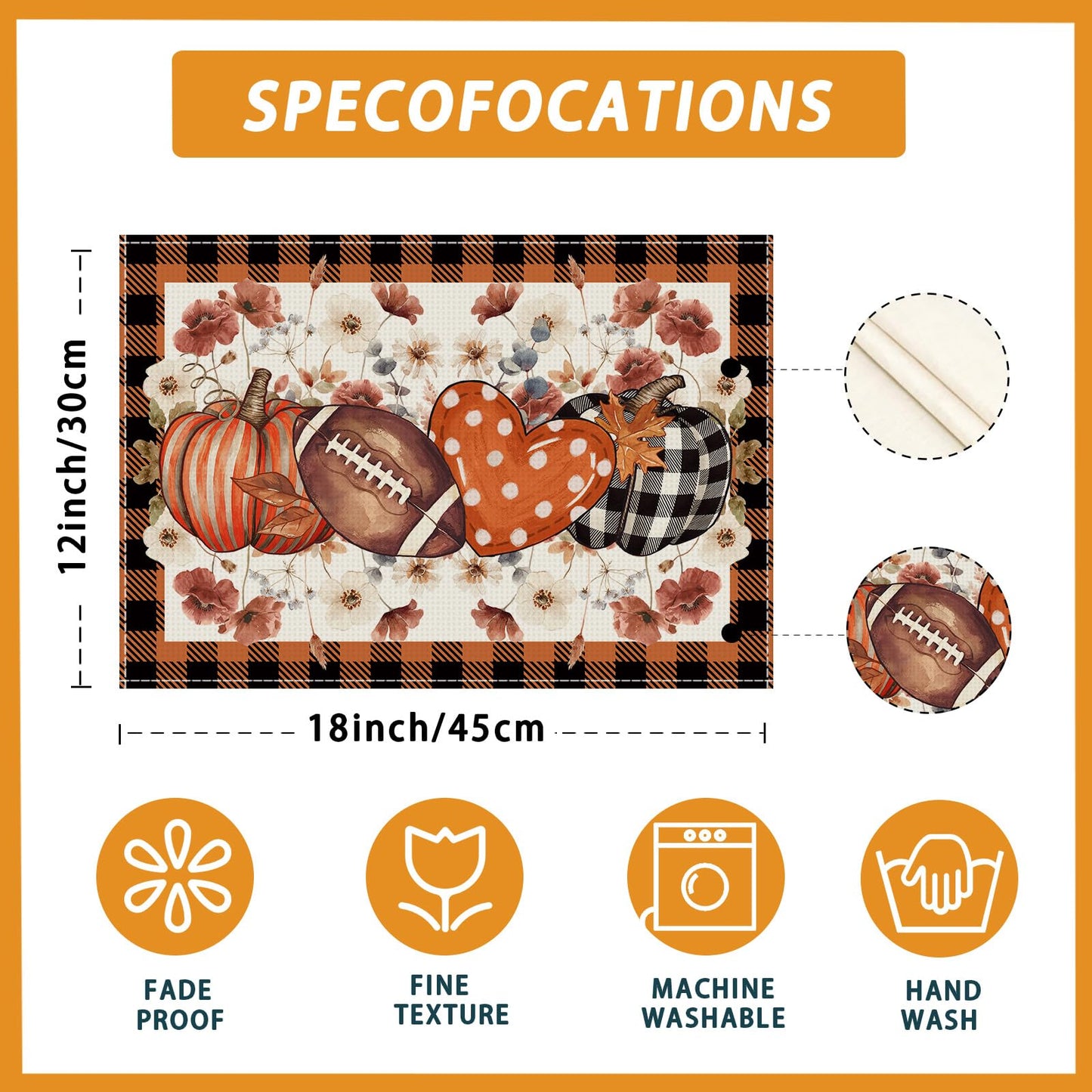 XCHI Fall Football Pumpkin Love Heart Flowers Plaid Placemats Set of 6 Table Mats for Party Home Kitchen Dining Table Decorations 12x18 Inch