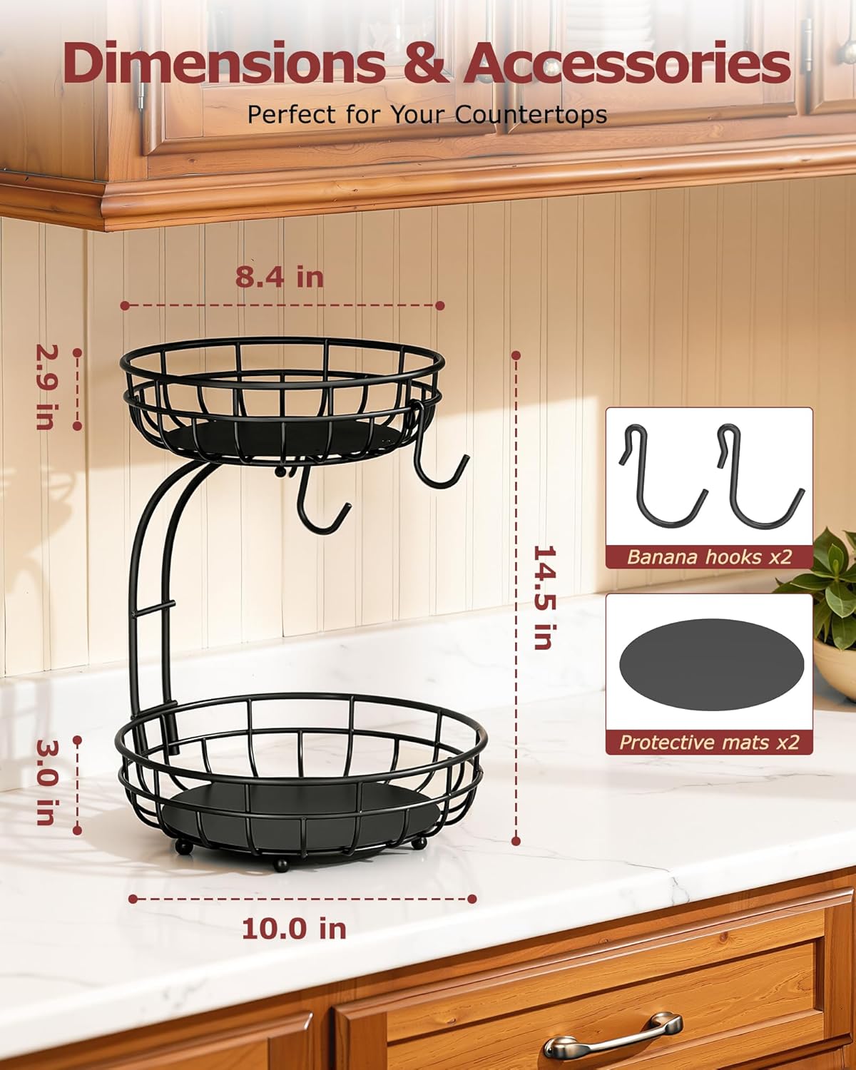 Sevenblue 2-Tier Large Fruit Basket - Sturdy Iron Kitchen Counter Bowl with Removable Banana Hanger | Black