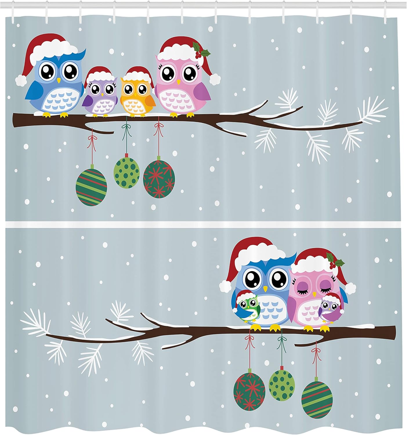 Christmas Owl Family Shower Curtain - Winter Bathroom Decor, 69" x 70", Fabric Set with Hooks