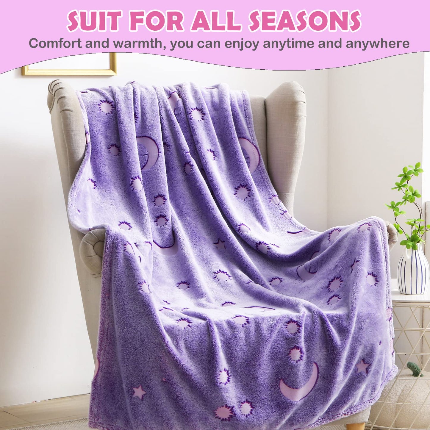 AUIVTY Glow in The Dark Blanket for Girls Birthday Purple Pink Moon Star Soft Throw Blanket for Kids Toddler Teen Girls Women (Purple, 60x80 inch, Moon Star)
