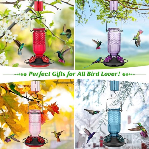 FEED GARDEN Glass Hummingbird Feeder - 16 Oz Outdoor Feeder with 4 Bee Guard Ports & Ant Moat | Purple, 2 Pack