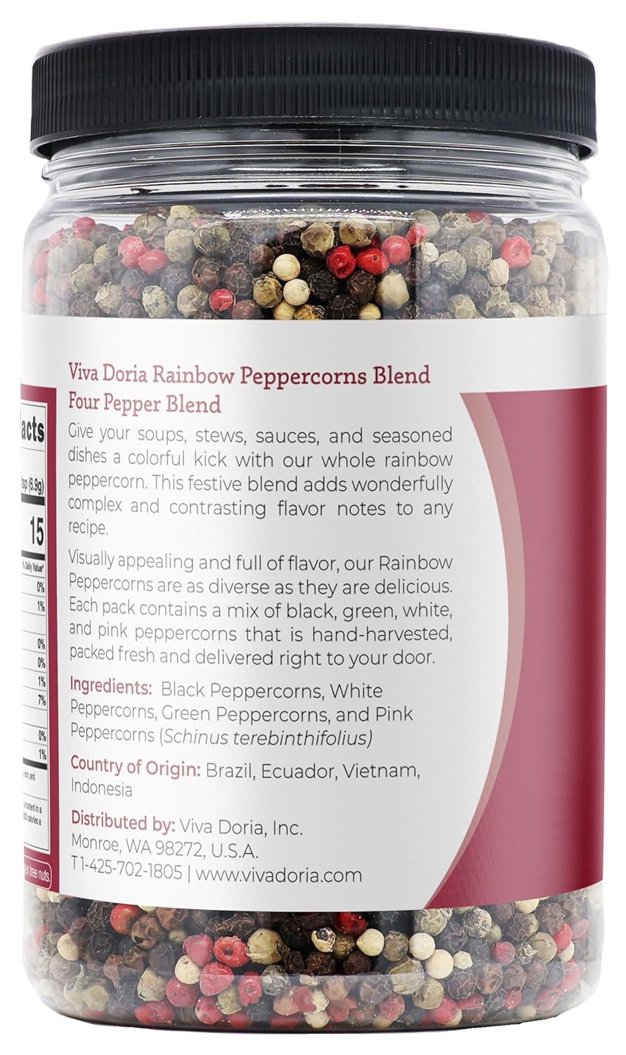 Viva Doria Rainbow Blend Peppercorn - Steam Sterilized Whole Black, Green, Pink & White - 16 Oz
