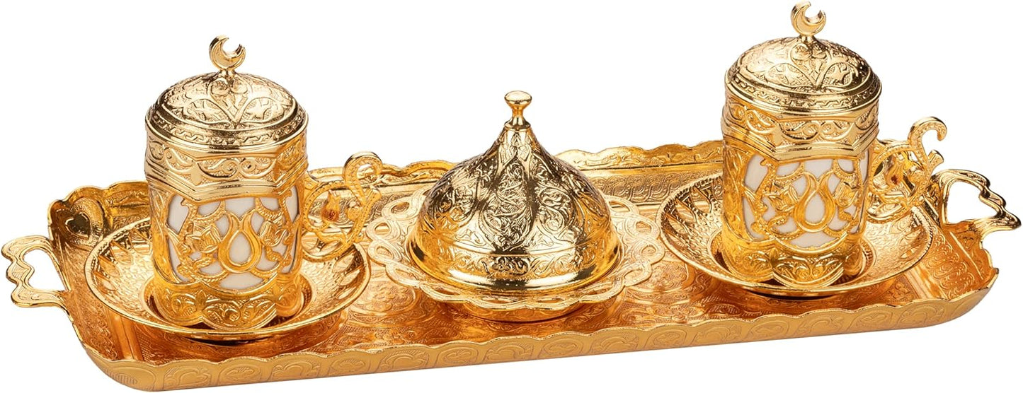 Alisveristime Ottoman Turkish Greek Arabic Espresso Coffee Cups with Saucer and Lid (Set of 2) (Hilal) (Silver)