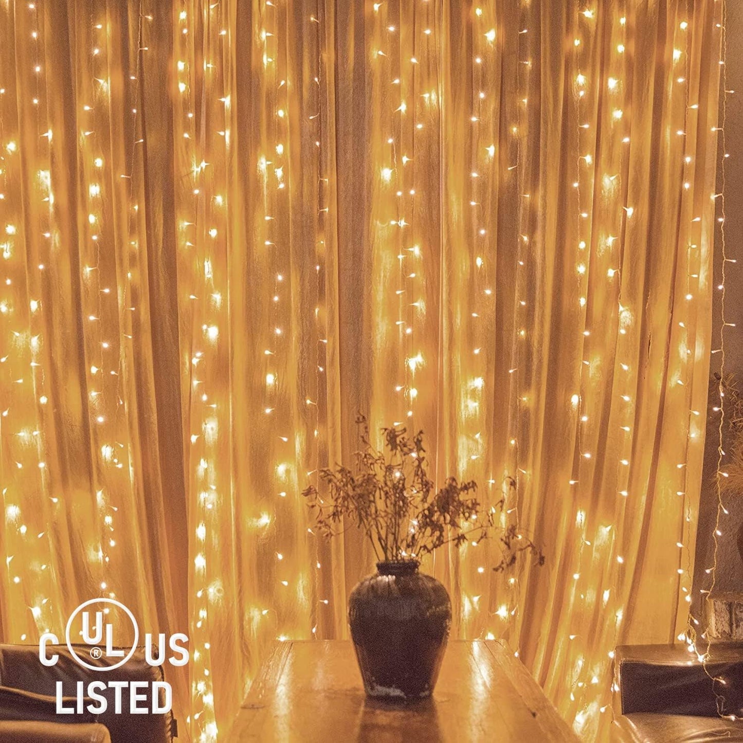 300 LED Twinkle Star Curtain String Lights - Warm White for Wedding, Home & Garden Decor