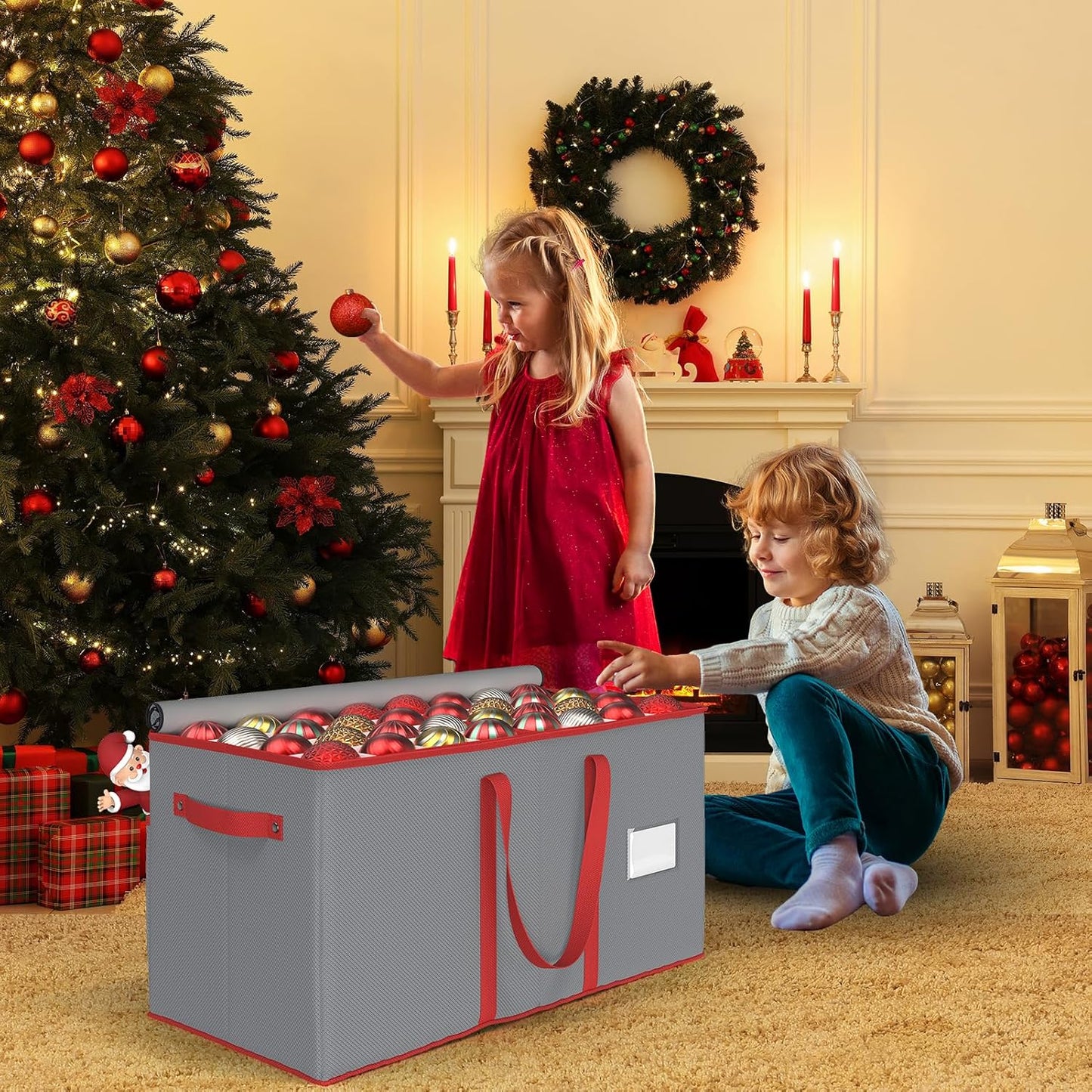 Winpull Christmas Ornament Storage Box - Large 128-3'' Holiday Ornament Organizer with Adjustable Dividers & Dual Zipper (Grey)