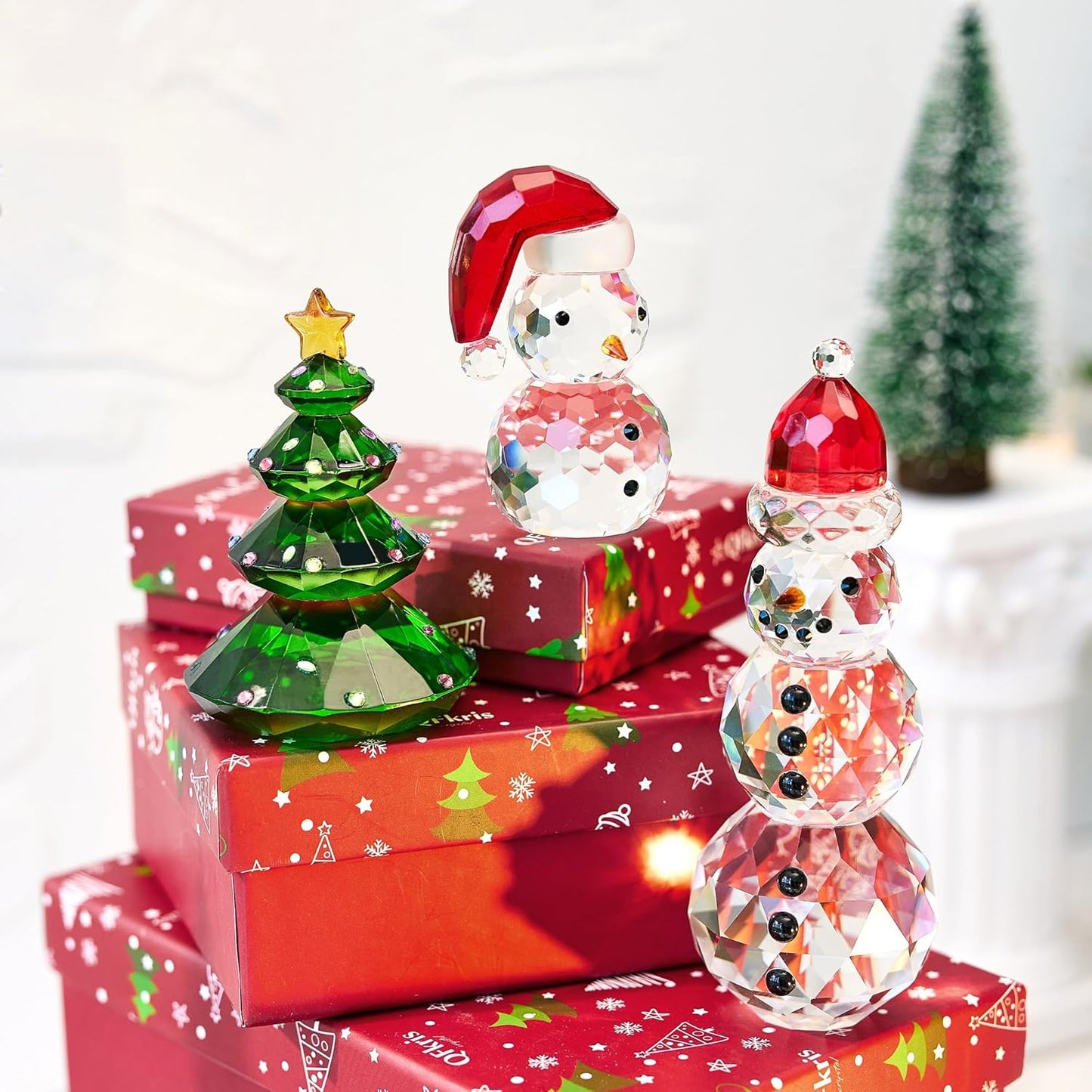 QFkris Crystal Snowman and Tree Figurines Set - Elegant Glass Christmas Decor | Small Tabletop Paperweights