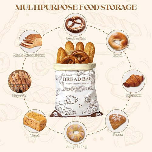 Beeswax Bread Bags by Skiennix - 2 Pack Reusable Food Storage Bags for Fresh Homemade Bread | 17"x12" Natural Cotton