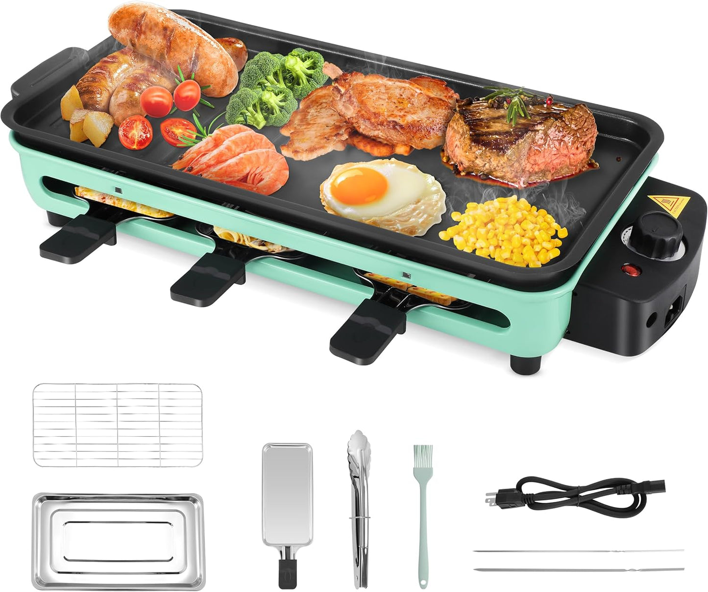 Electric Indoor Grill, 1500W Portable 2 in 1 Indoor Raclette Table Grill Korean BBQ Grill with Grill Net & Non-Stick Cooking Removable Plate, Adjustable Temperature Control, Dishwasher Safe