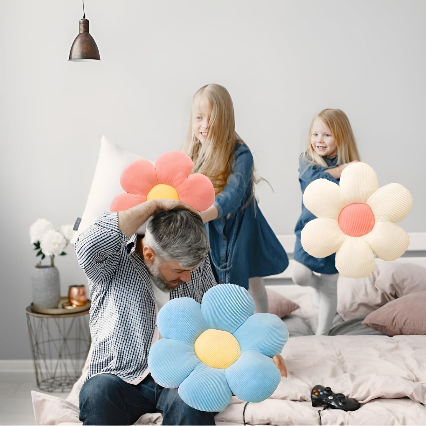 CANGHI Flower Pillow Set 3 Pcs Flower Shaped Throw Pillow 15.7'' Cute Daisy Flower Pillow Flower Seating Cushions for Adults Kids Home Bedroom Sofa Chair Couch Decor (White/Pink/Blue, 15.74 in)