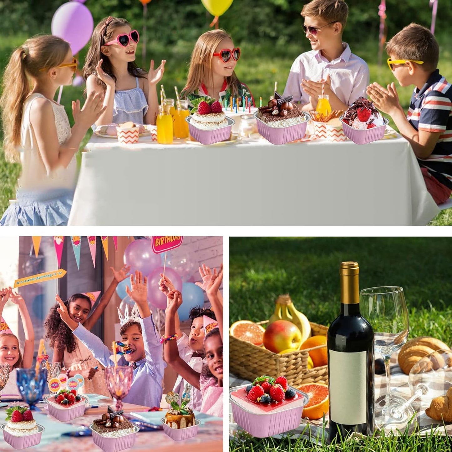 Skiennix 50 Pack Aluminum Pans - 8"x8" Disposable Foil Containers with Plastic Lids for Baking & Storing | Pink