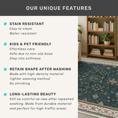 Hazo Haus Dark Green Kitchen Rug - Modern Vintage Boho Floral Design, Washable Non-Slip Runner 2x6 ft