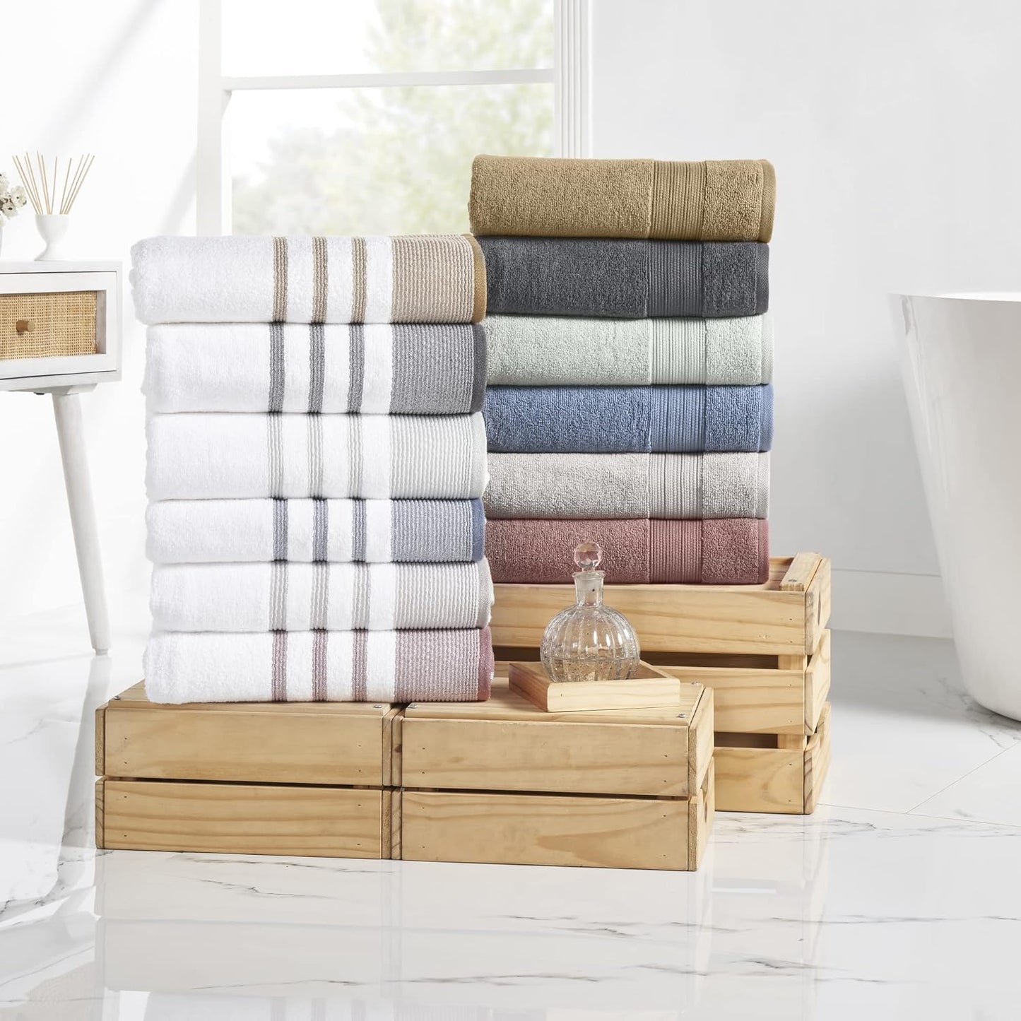 Modern Threads 6-Piece Towel Set - 100% Cotton, Quick Dry & Ultra Absorbent - 2 Bath, 2 Hand, 2 Washcloths (White/Reinhart Blue)