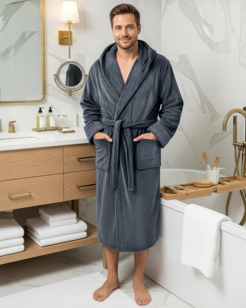 NY Threads Mens Robe with Hood, Luxury Plush Fleece Hooded Mens Bathrobe, Spa Bath Robe for Men, Small/Medium, Grey