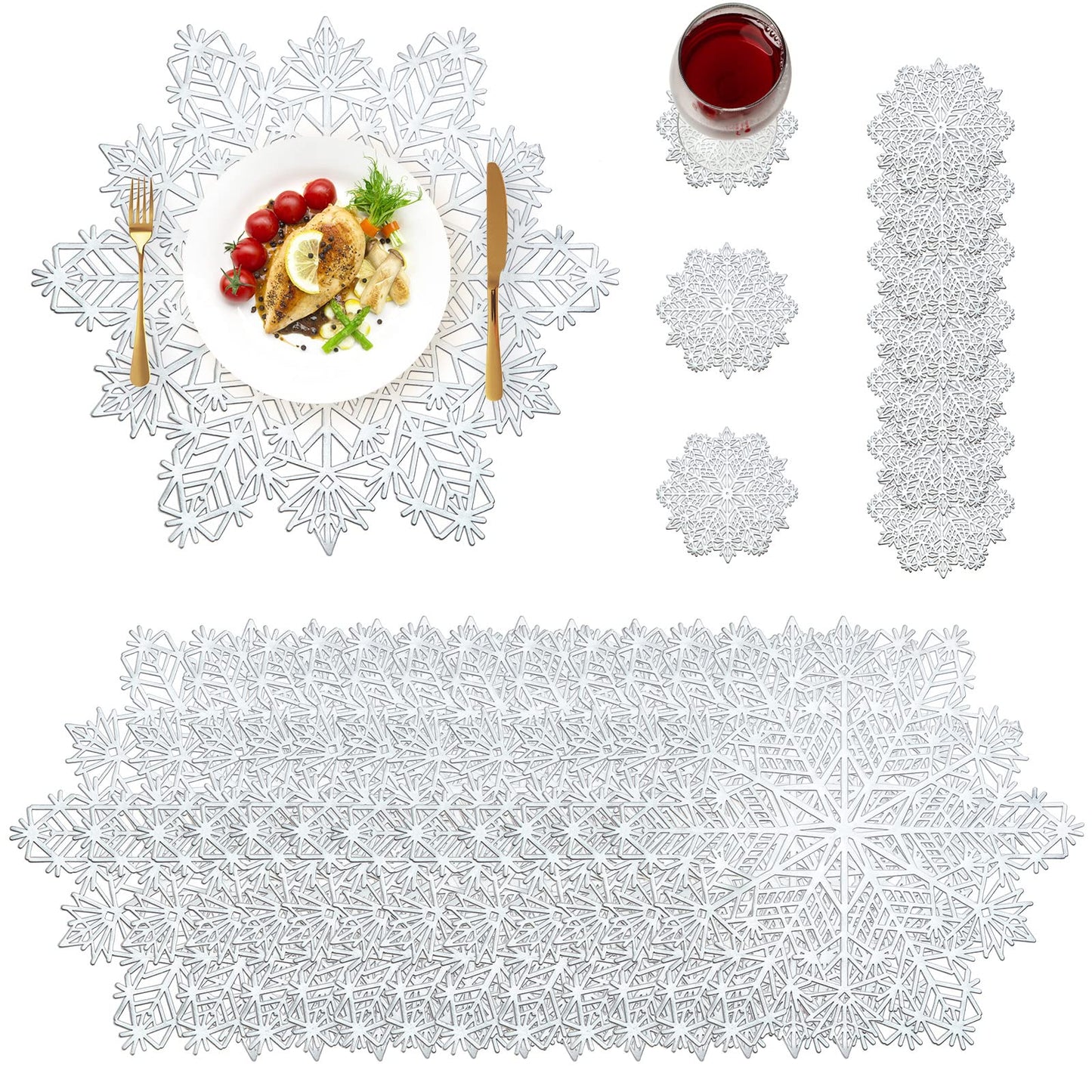 Sieral Snowflake Placemats and Coasters Set Pressed Vinyl 15 Inch Placemats and 4 Inch Coasters for Christmas Winter Wedding Party Dinner Table Decoration(Silver,24 Sets)