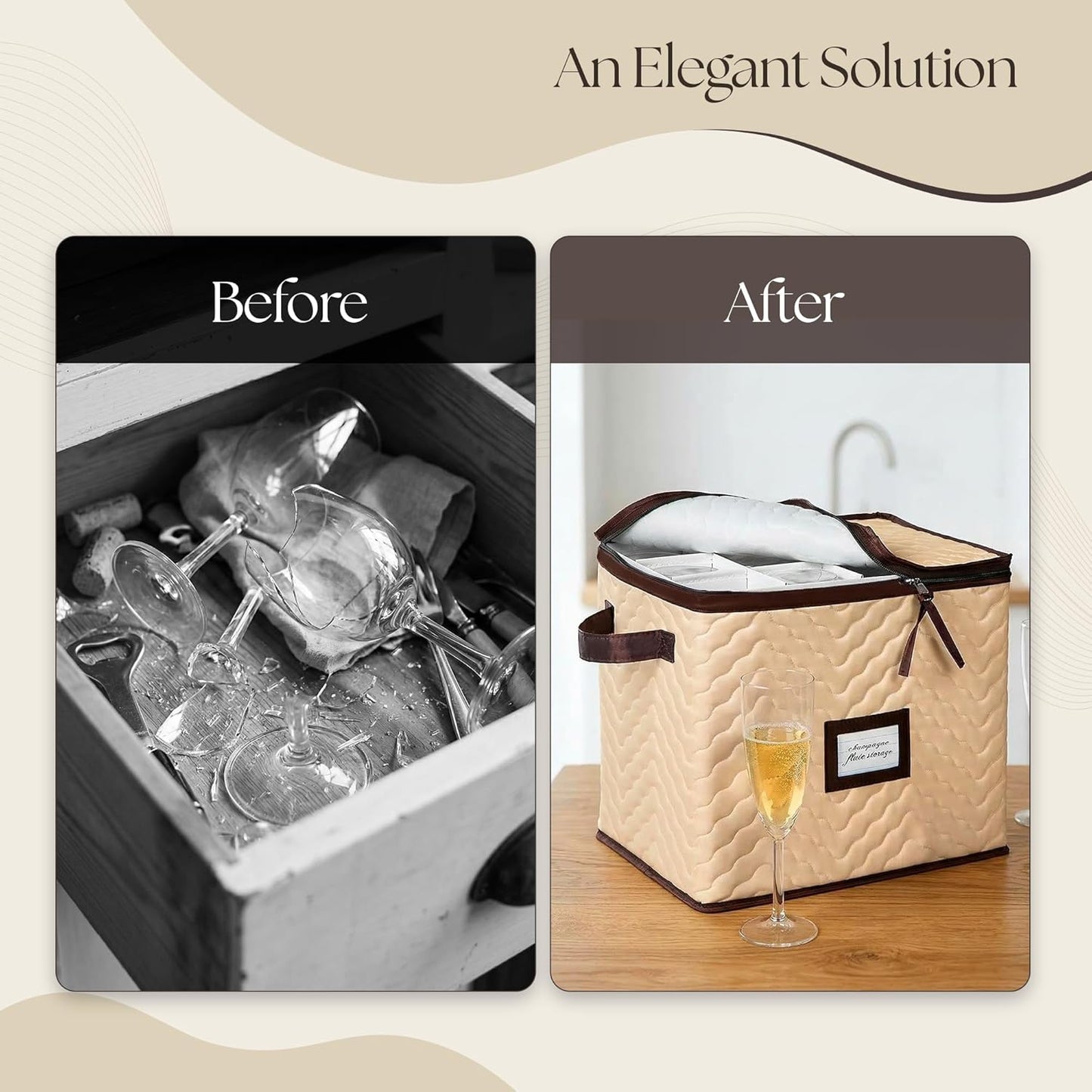 Regine Switzerland Wine Glass Storage Box - Durable Quilted Microfiber Case with Dividers | Protects Stemware (1 Pack, Champagne Flute)