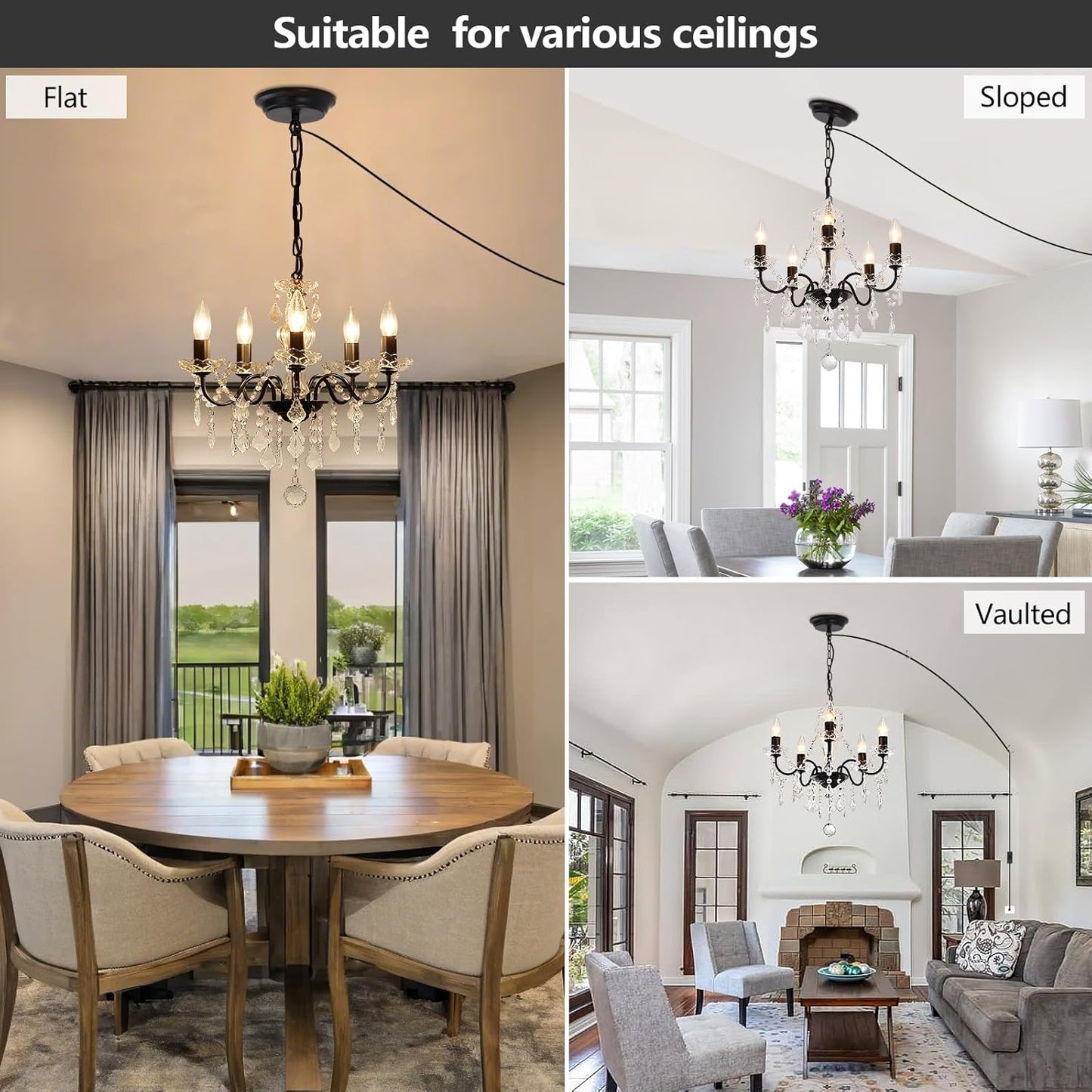Plug in Modern 3-Light Gold Chandelier with Glass Crystals, Candle Style Pendant Light Fixtures for Living Room, Girls Room, Kitchen Island, Entryway