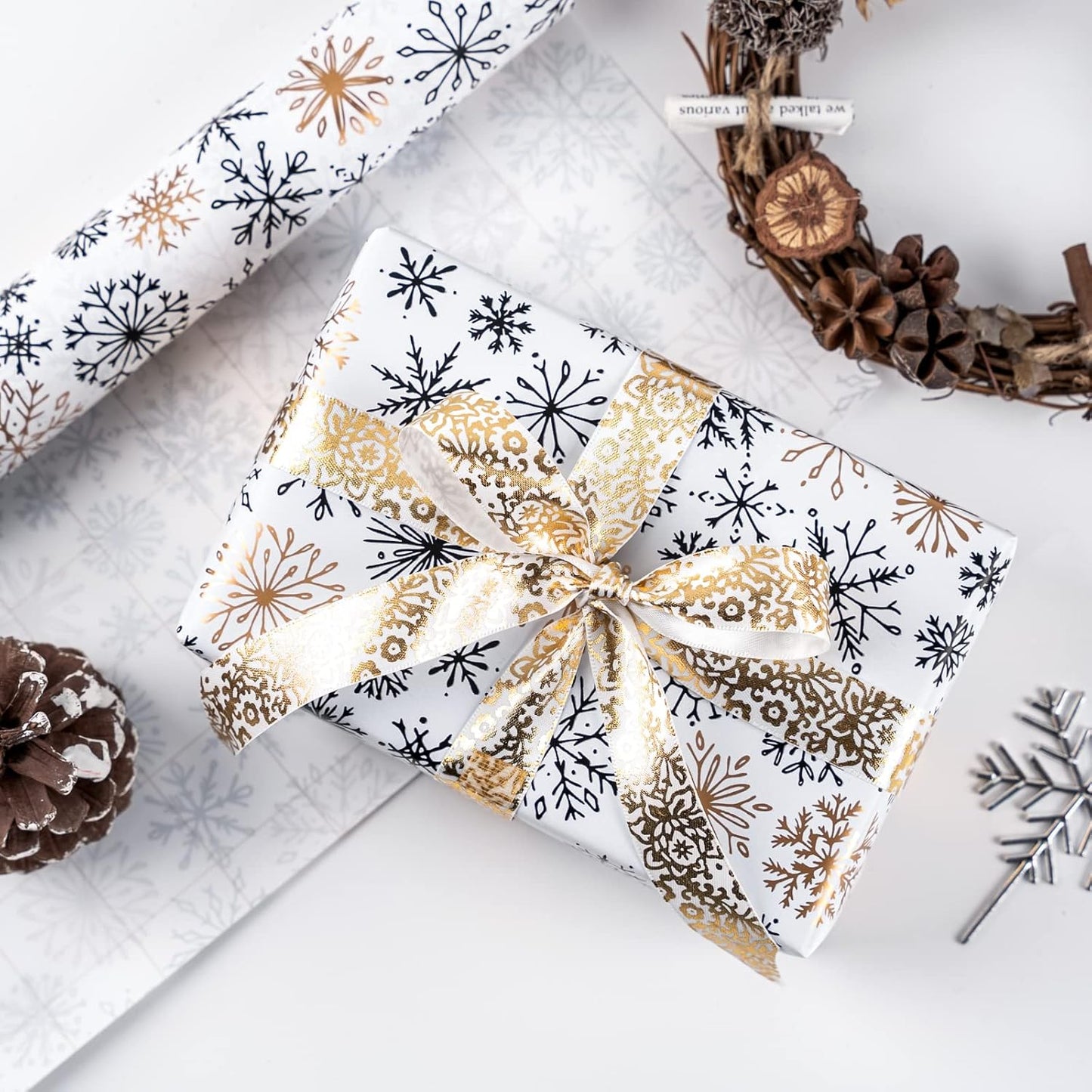 MAYPLUSS Wrapping Paper Roll - Mini 17" x 120" - 3 Elegant Black Gold Christmas Designs