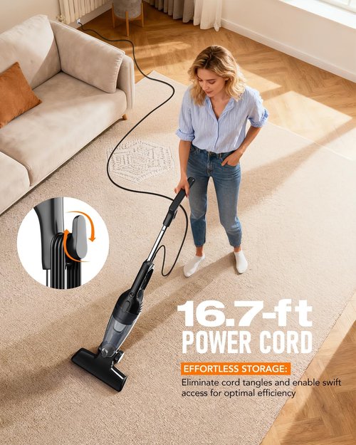 Avvnee Corded Stick Vacuum Cleaner - 15000Pa Strong Suction, Ultra-Lightweight 3lbs, Ideal for Pet Hair & Hard Floors, Black
