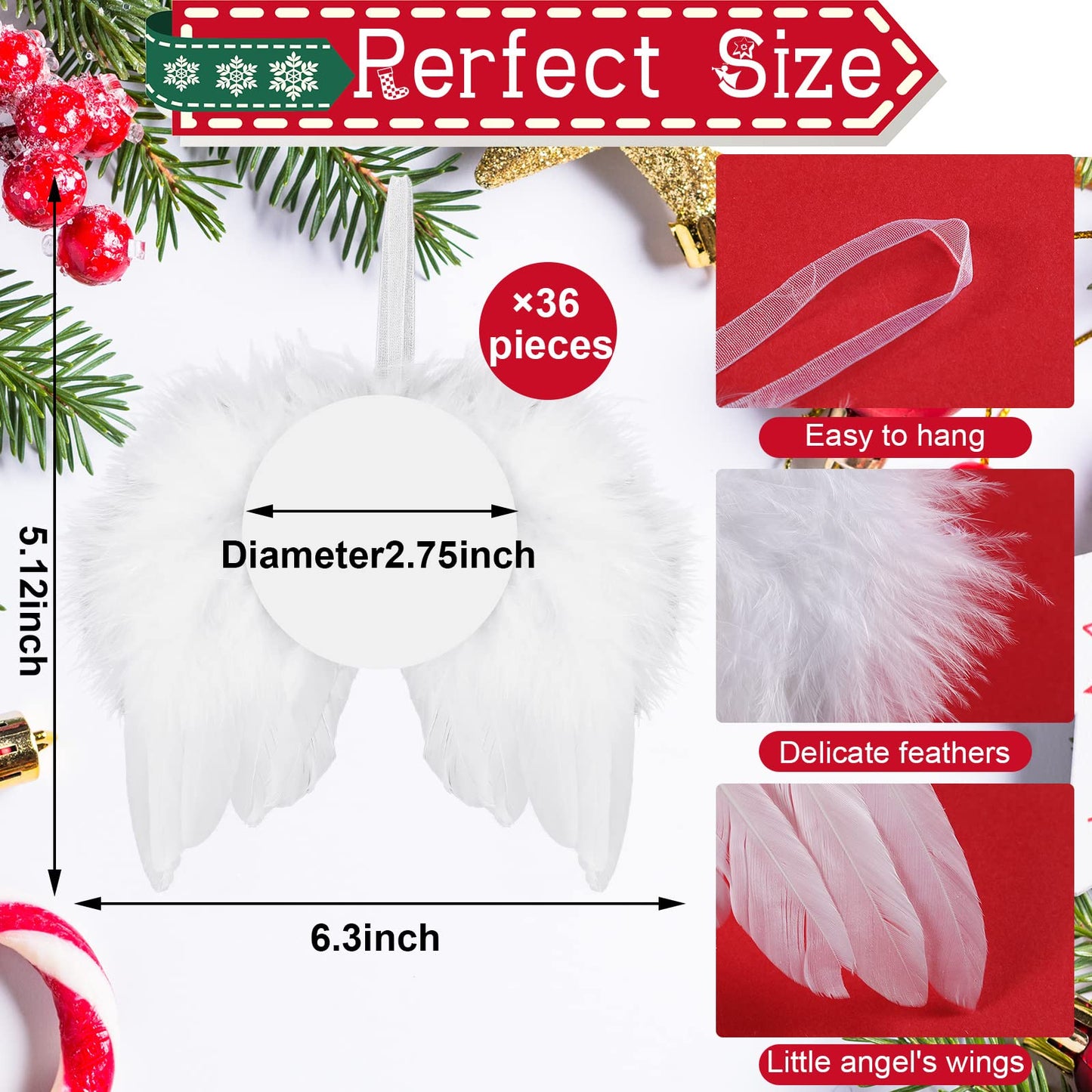 Christmas Sublimation Ornament Blank Decor White Angel Wings DIY Xmas Ornament Craft Hanging, Feather Hanging with Pendants for Christmas Tree Angel Wings Decor(36 Pcs,Round Style)