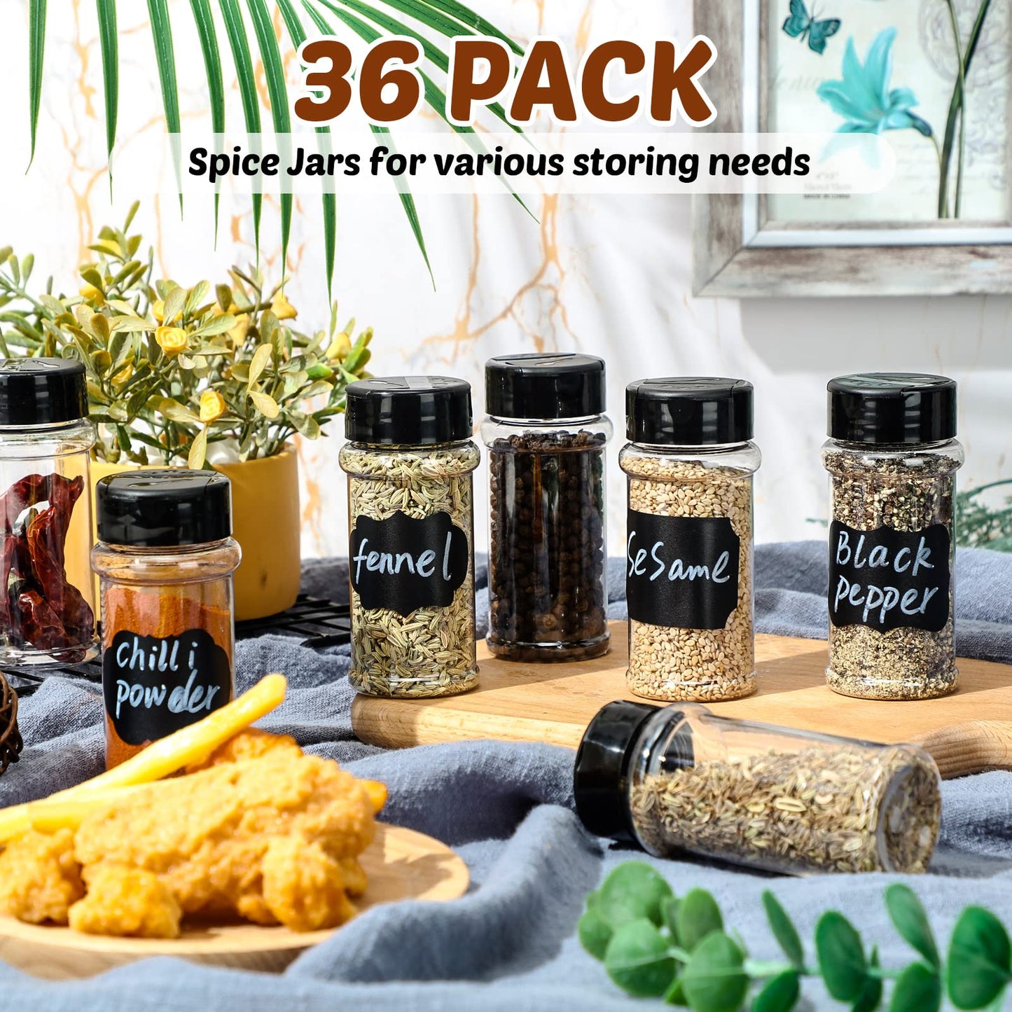 Eccliy 36 Pack 3 oz Clear Plastic Spice Jars with Label and Shaker Lids Empty Spice Bottles Seasoning Containers Seasoning Jars Shaker Condiment Pots for Spice Pepper Herbs Powders (Black)