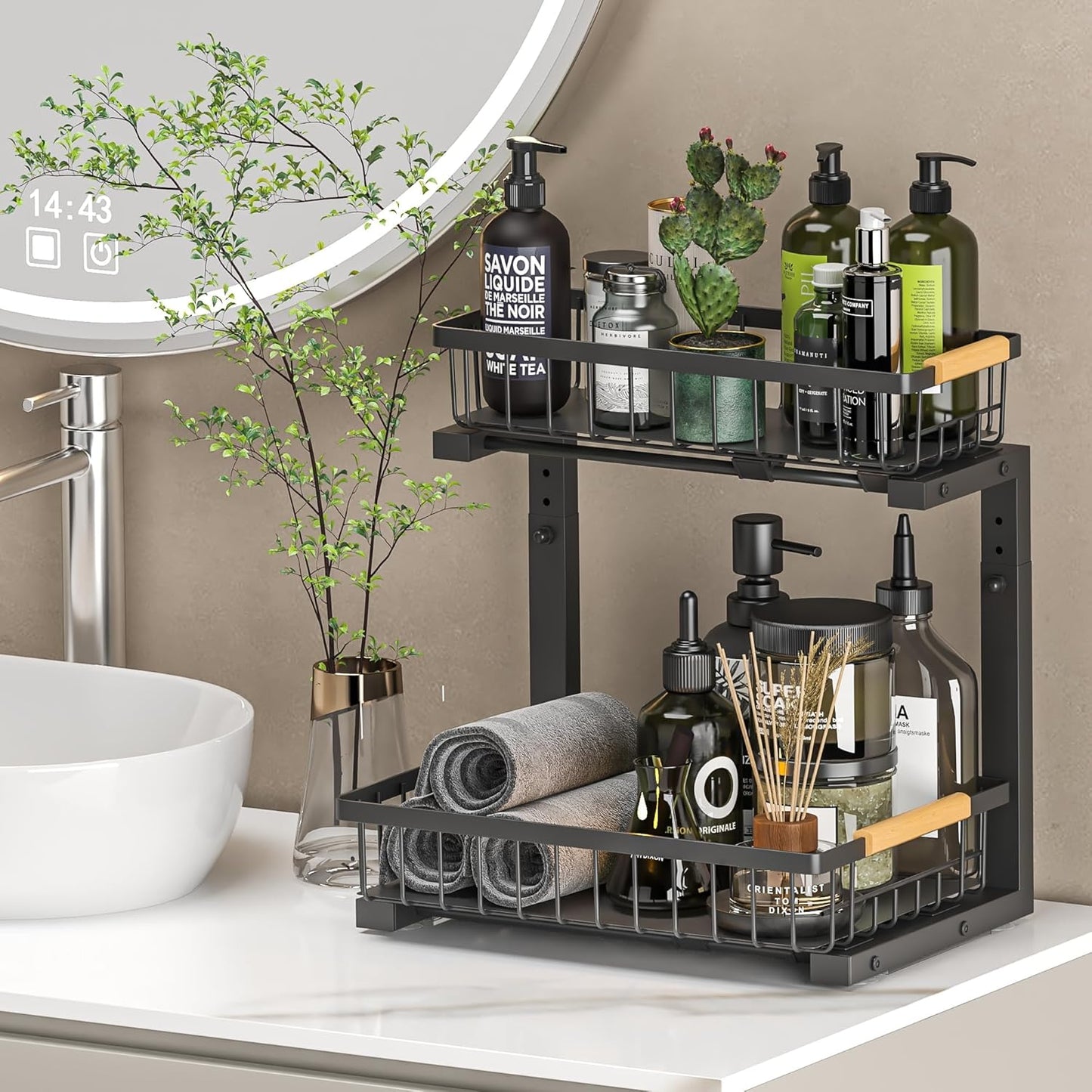 Liuoud Under Sink Organizer - 2 Pack Adjustable 2-Tier Storage Solution for Kitchen & Bathroom | Black