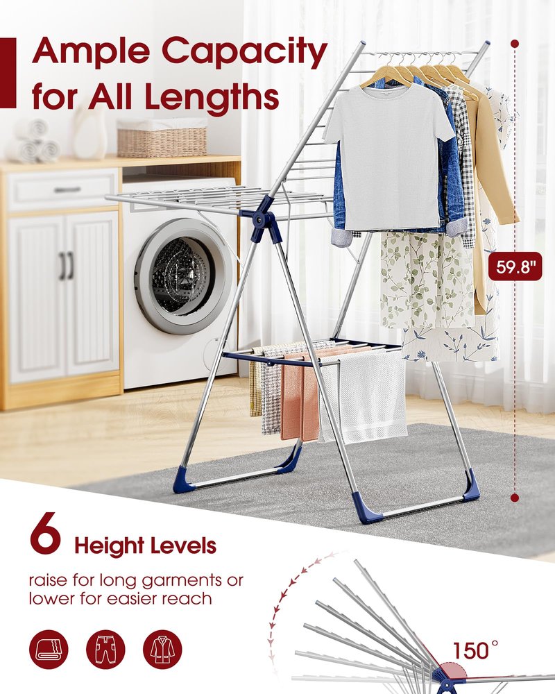 Sakugi Clothes Drying Rack with Height-Adjustable Wings, Metal Foldable Laundry Dryer Stand for Clothing & Bedding, Free-Standing Collapsible for Indoor & Outdoor Use, 55.5" L × 22.8" W, Silver Blue